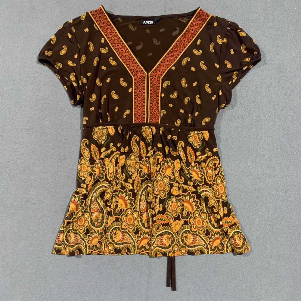 Babydoll Autumn Blouse Women's XL Brown Paisley Print Tie Waist Short Sleeve Top